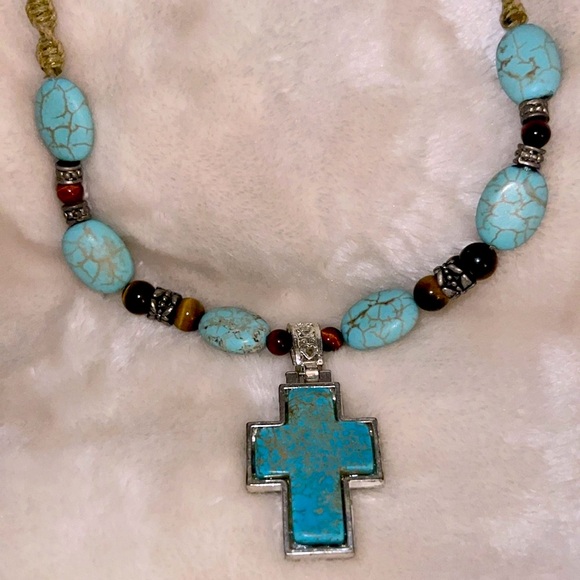 ✝️ BOHO 18” TURQUOISE & TIGERS EYE BEADED MACRAME NECKLACE w/SILVER-TONE ACCENTS - Picture 2 of 7